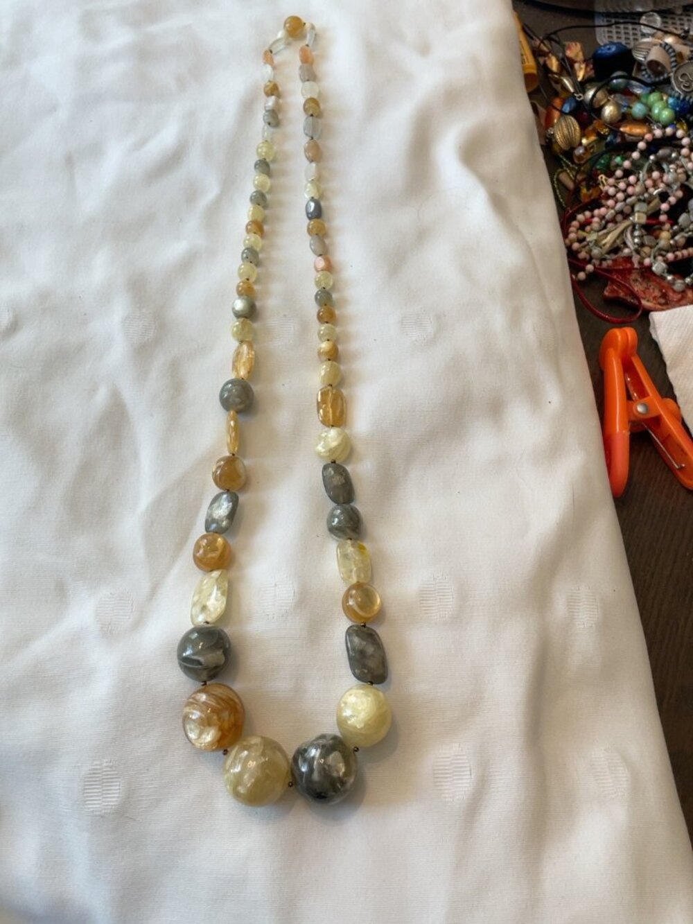 Graduated Banded Stone Bead Necklace Honey Gray Cream 30"